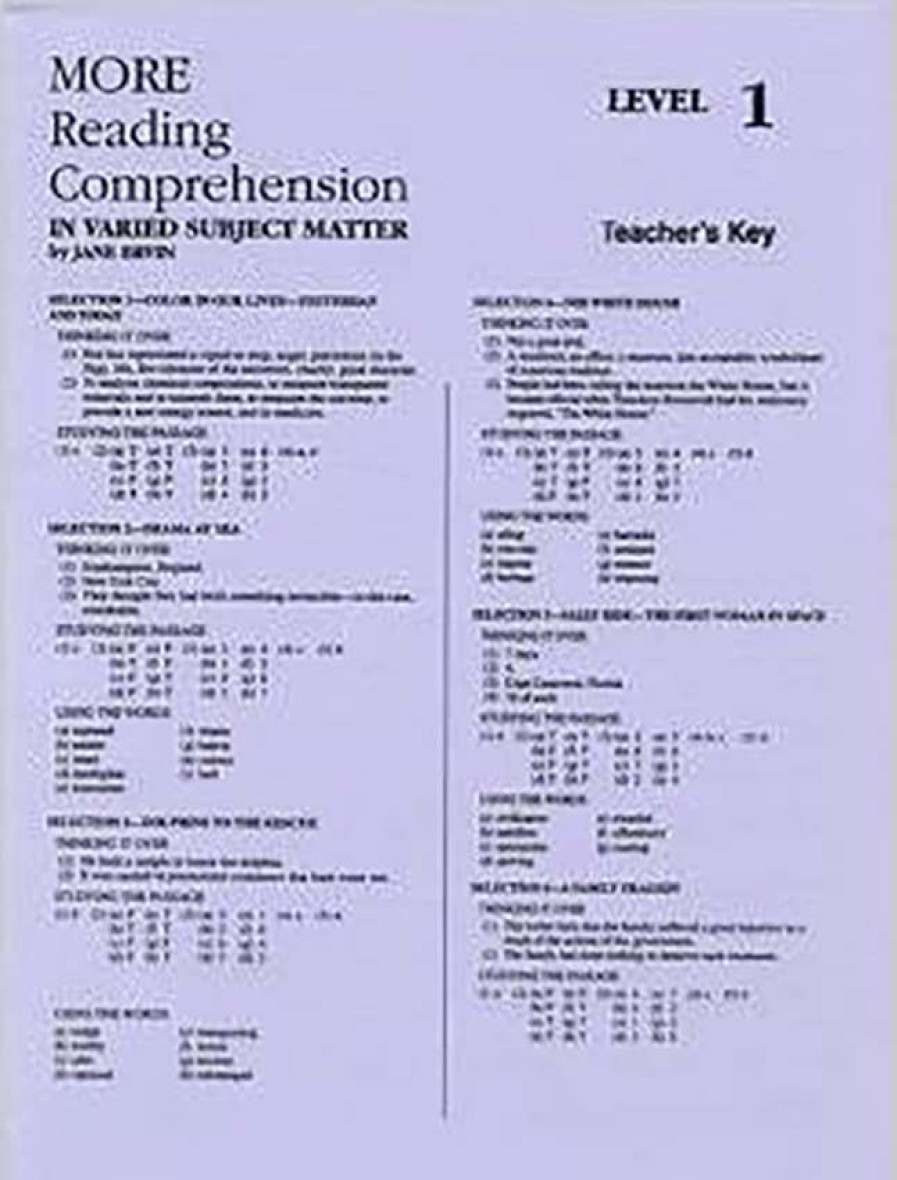 Comprehension * | Readng Comp, Erc Mrc More Reading Comprehension, Answer Key, Level 1