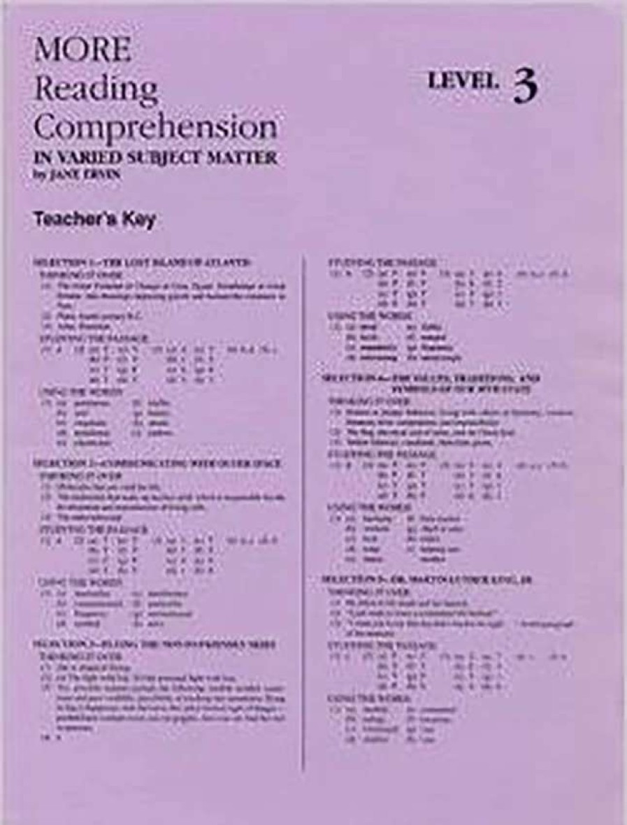 Comprehension * | Readng Comp, Erc Mrc More Reading Comprehension, Answer Key, Level 3