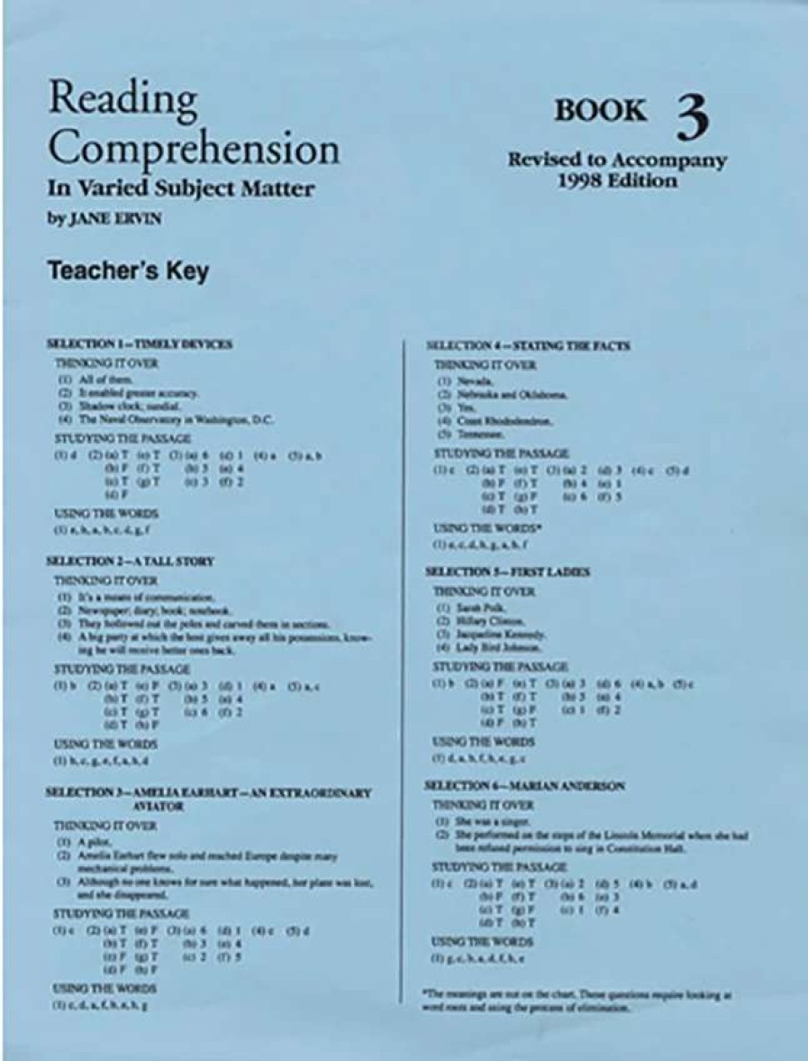 Comprehension * | Readng Comp, Erc Mrc Reading Comprehension, Answer Key, Book 3