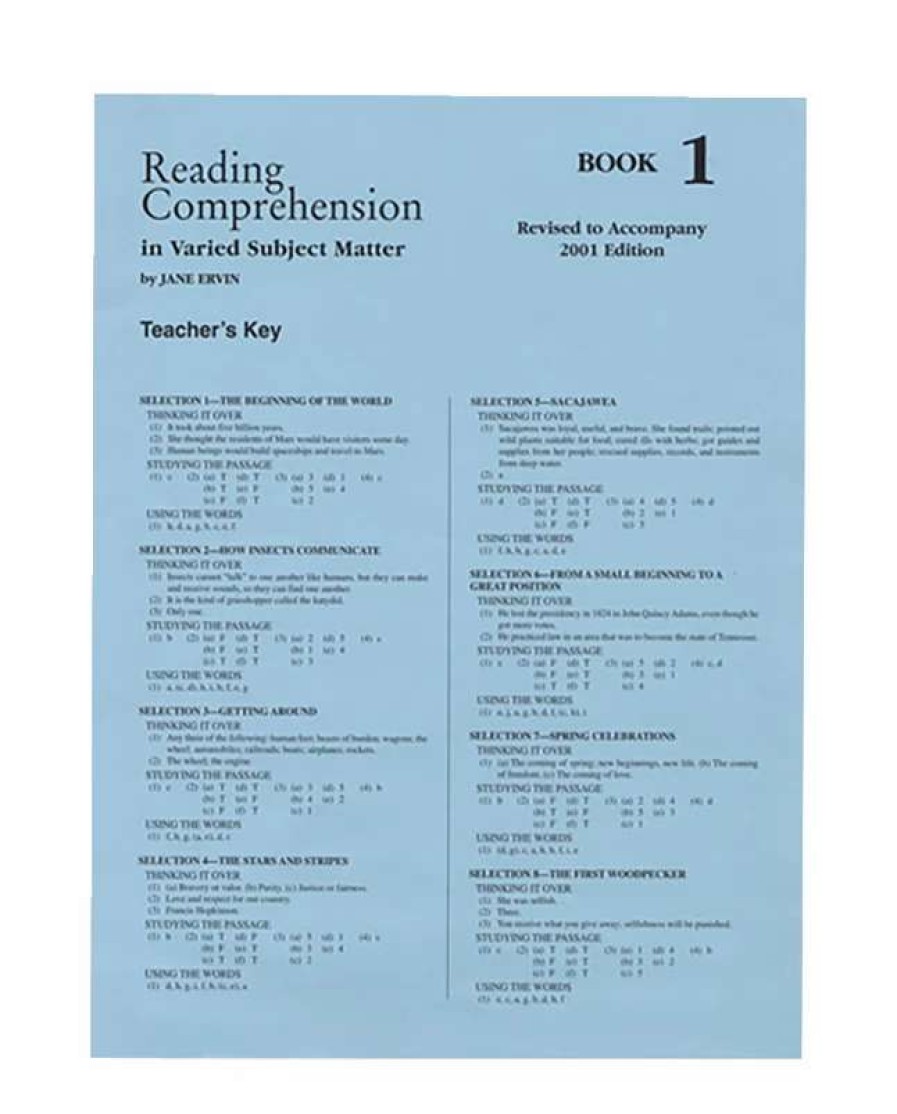 Comprehension * | Readng Comp, Erc Mrc Reading Comprehension, Answer Key, Book 1